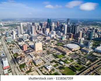 Perfect Morning Sun Flying High Above Houston Texas Cityscape Skyline Aerial Drone View Of City On Nice Sunny Morning Gulf Coast Metroplex Aerial Drone View