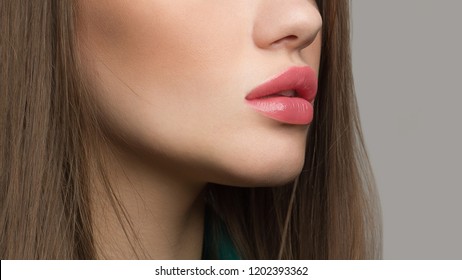 Perfect Natural Lip Makeup. Close Up Macro Photo With Beautiful Female Mouth. Plump Full Lips. Close-up Face Detail. Perfect Clean Skin, Light Fresh Lip Make-up. Beautiful Spa Tender Lip