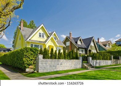 A Perfect Neighborhood. Houses In Suburb At Spring In The North America