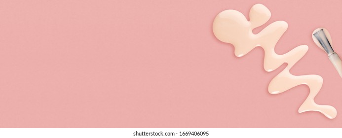 Perfect Neutral Beige Nail Polish Spilled On Pink Background. Abstract Shaped Makeup Swatch. 