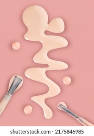 Perfect Neutral Beige Nail Polish Spilled On Pink Background And Two Applicator Brush. Abstract Shaped Makeup Swatch In Neutral Colours. Design Element For Nail Shop Or Beauty Salon.