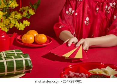 Perfect for a New Year's themed photo, close-up of a traditional clothes female model spreading out a fortunate money envelope as Tet decorations are arranged on the red tablet. - Powered by Shutterstock