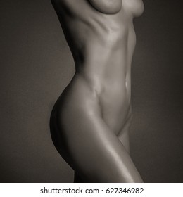 Perfect Profile Of Woman Body. Closeup Black And White. Sexy Body Nude Woman. Naked Sensual Beautiful Girl. Woman Nude Detail. 