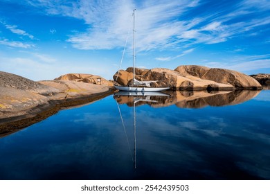 Perfect reflection of a sailboat moored in the still waters of Bohuslän, Sweden, with clear blue skies and smooth granite rocks framing the serene scene. - Powered by Shutterstock