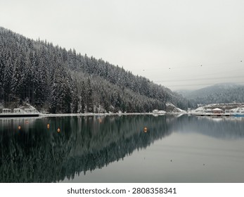 Perfect reflection of snow covered pine forest in a calm mountain lake water during winter.