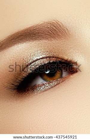 Perfect shape of eyebrows, brown eyeshadows and long eyelashes. Cosmetics and make-up. Modern fashion make up. Classic  brown smoky eye makeup