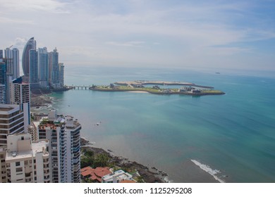 Perfect skyline of Panama City and artificial islands on the pacific ocean waters front of the city