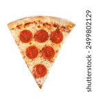 Perfect Slice Of A Pizza, isolated slice of a pizza on a white background, pizza slice from top of view, New York style of a pizza slice