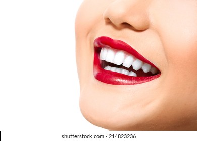 Perfect Smile With White Healthy Teeth And Red Lips, Dental Care Concept