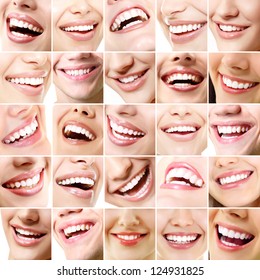 Perfect Smiles. Set Of 25 Beautiful Wide Human Smiles With Great Healthy White Teeth. Isolated Over White Background