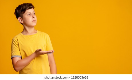 Perfect solution. Kid choice. Special offer. Information banner. Confident young boy in yellow t-shirt presenting invisible product showing copy space with open palm isolated on orange background.