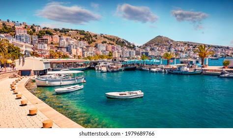 Perfect spring cityscape of Saranda port. Picturesque Ioninian seascape. Bright morning scene of Albania, Europe. Traveling concept background.