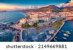 Perfect summer view from flying drone of Diamante port, Province of Cosenza. Colorful evening seascape of Mediterranena sea. Great outdoor scene of Italy, Europe. Traveling concept background.