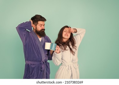 Perfect Sunday Morning. Drinking Coffee. Brewing Coffee At Home. Hot Drink. Coffee Is Our Tradition. Man And Woman Happy Together. Family Traditions. Couple In Cozy Bathrobes Enjoy Lazy Weekend