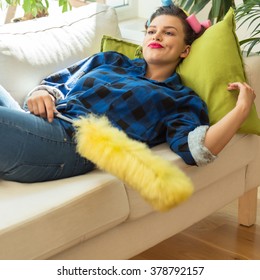 Perfect Trendy Housewife Is Relaxing On Couch