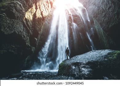 Perfect View Of Famous Powerful Gljufrabui Cascade. Location Seljalandsfoss Fall, Iceland, Europe. Scenic Image Of Popular Tourist Attraction. Travel Destination Concept. Discover The Beauty Of Earth.