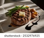 Perfectly Char-Grilled Steak with Garlic Herb Butter and Roasted Potatoes, Gourmet Food Photography.