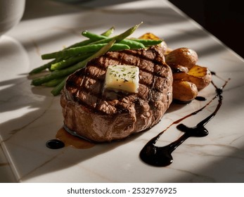 Perfectly Char-Grilled Steak with Garlic Herb Butter and Roasted Potatoes, Gourmet Food Photography. - Powered by Shutterstock