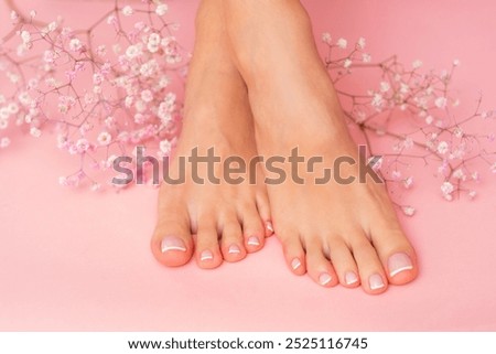 Perfectly done french pedicure on pastel pink background.