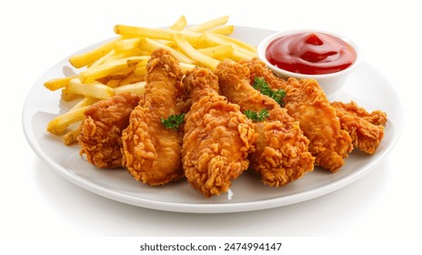 Perfectly Fried Chicken Tenders with Fries and Ketchup for your background bussines, poster, wallpaper, banner, greeting cards, and advertising for business entities or brands.