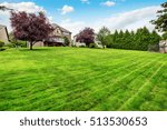 Perfectly kept lawn in spacious back yard. House exterior. Northwest, USA