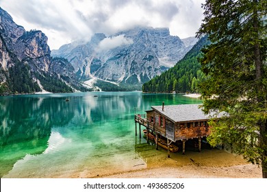 Perfectly located boathouse at Pragser Wildsee, South Tyrol, Italy - Shutterstock ID 493685206