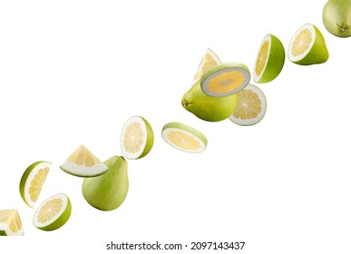 Perfectly retouched pomelo. Whole halves and quarters lined up fly in space isolated on white. Top quality retouching.