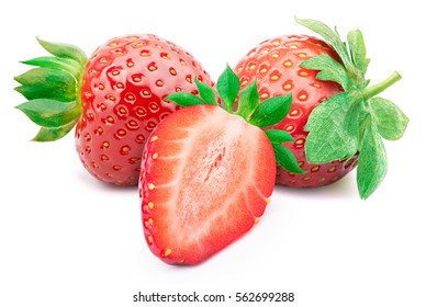 Perfectly retouched strawberries with sliced half and leaves isolated on white background with clipping path. One of the best isolated strawberries you have seen.