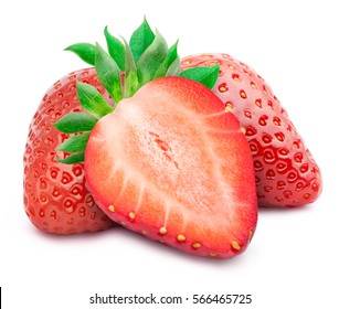Perfectly retouched strawberries with sliced half and leaves isolated on white background with clipping path. One of the best isolated strawberries you have seen. 