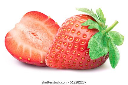 Perfectly retouched strawberry with sliced half and leaves isolated on white background with clipping path