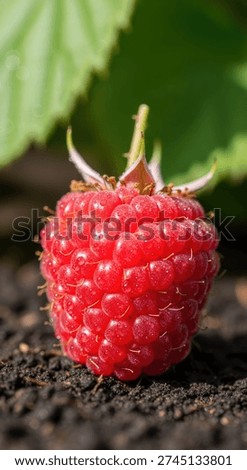  a perfectly ripe red raspberry, showcasing its texture and color.