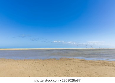 A perfectly split composition showing a vast deserted shoreline melting into calm shallow water under a clear blue sky. This ultimate minimalist background powerfully conveys absolute freedom, mindfulness, relaxation, and infinity.