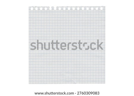 Perforated graph notebook paper sheet in vertical format on white background