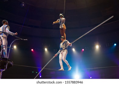 Performance Of Aerialists In The Circus Arena