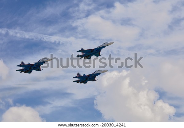 Performance of the aerobatic team Russian Knights,
Russian Air Force. On planes Sukhoi Su-30SM, NATO code name:
Flanker-C. International Military-Technical Forum Army-2020 .
09.25.2020, Moscow,
Russia