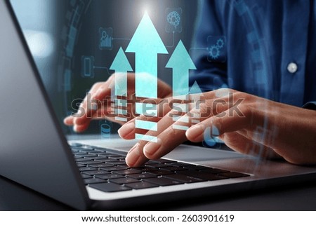 Performance enhancement and efficiency optimization. Business process improvements with innovative solutions. Businessman using laptop computer for intelligent technology.