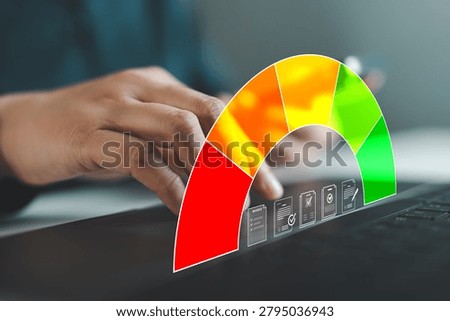 Performance evaluation with compliance score indicator and document verification workflow. Business auditing, quality assurance, risk assessment, KPI monitoring, and process improvement concept.