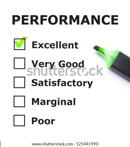 Performance evaluation form with green check mark on Excellent with felt tip pen.