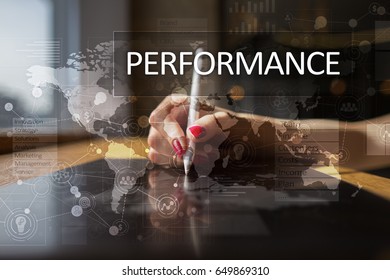 Performance indicator on virtual screen. KPI. Business growth strategy.