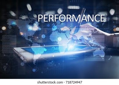 Performance indicator on virtual screen. KPI. Business growth strategy.