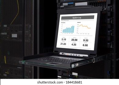 Performance Information show on the server computer KVM display in the modern interior of data center. Super Computer, Server Room.