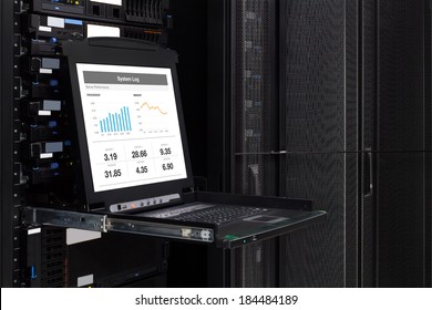 Performance Information show on the server computer KVM display in the modern interior of data center. Super Computer, Server Room.