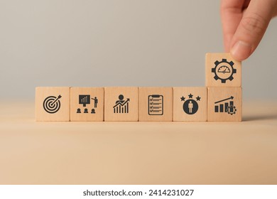 Performance management concept.  Implementing effective strategies for improve employee engagement, productivity and overall business success. Setting goals, monitoring progress and evaluating.