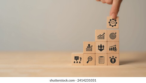 Performance management concept.  Implementing effective strategies for improve employee engagement, productivity and overall business success. Setting goals, monitoring progress and evaluating.