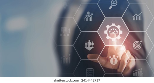 Performance management concept.  
Implementing effective strategies for improve employee engagement, productivity and overall business success. Setting goals, monitoring progress and evaluating.