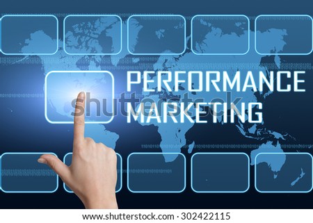 Performance Marketing concept with interface and world map on blue background