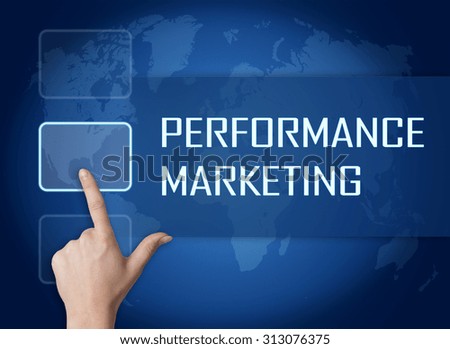 Performance Marketing concept with interface and world map on blue background