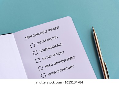 Performance review checklist text on blue background