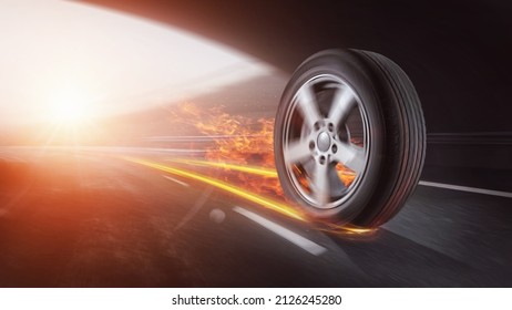  Performance Tire With Gunge And Dust Overlay - Fast Car Wheel In Fire