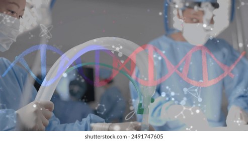 Performing procedure, medical professionals in surgical attire with DNA strand overlay. Surgery, healthcare, doctors, operation, biotechnology, genetic - Powered by Shutterstock